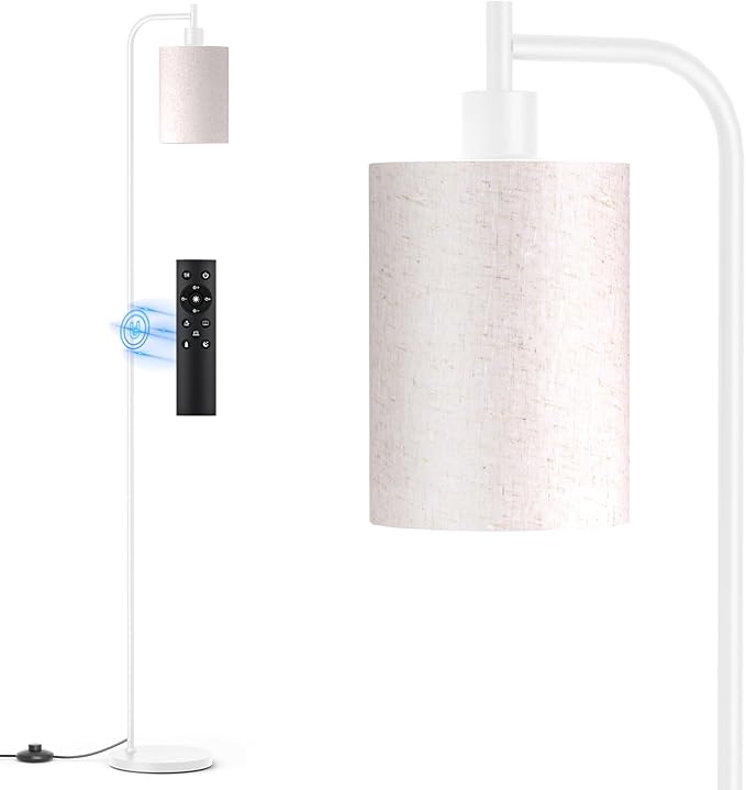 Floor Lamp with Linen Shade, Dimmable Tall Standing Lamp with Remote Control & 3 Color Temperatures, Modern Floor Lamps for Living Room Bedroom Office Corner, 9W LED Bulb Included