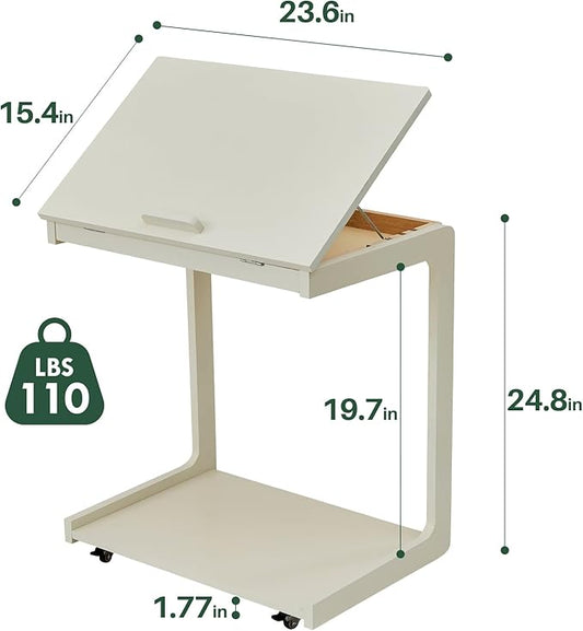 C Shaped Rolling End Table with Wheels - Solid Wood Side Table for Couch, Wooden Modern Tv Tray Bedside Tables for Sofa Armchair Living Room Bedroom, White, 15.4 in x 23.6 in x 24.8 in