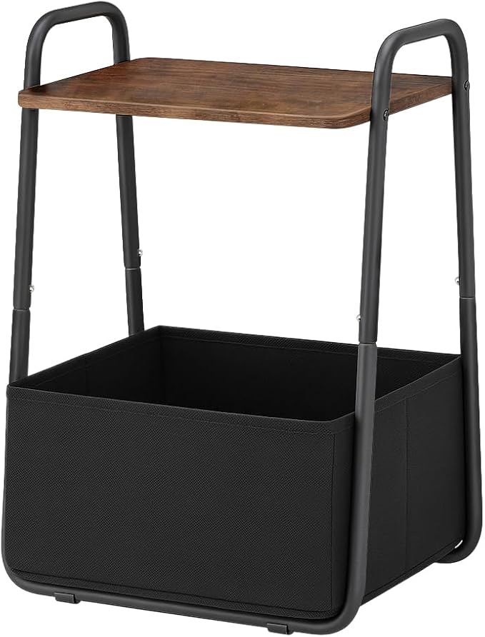 Rustic Brown Metal Frame Nightstand - Small Side Table with Fabric Storage Basket and Handle - Ideal for Bedroom & Living Room & Dorm