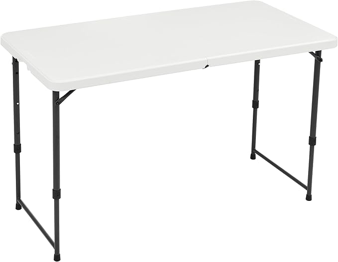 Amazon Basics 4 Foot Rectangular Folding Dining Table, 4 Adjustable Height Settings with Carrying Handle, Indoor & Outdoor, White, 47.8 x 23.9 x 33.9 in