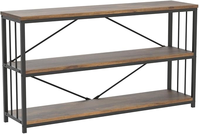 LVB Industrial Console Entryway Table, Metal Wood Rustic Sofa Table with Storage, Farmhouse 3 Tier Shelf Long Hallway Foyer Entry Tables Behind Couch for Home Living Room Entryway, Rustic Brown, 55 In