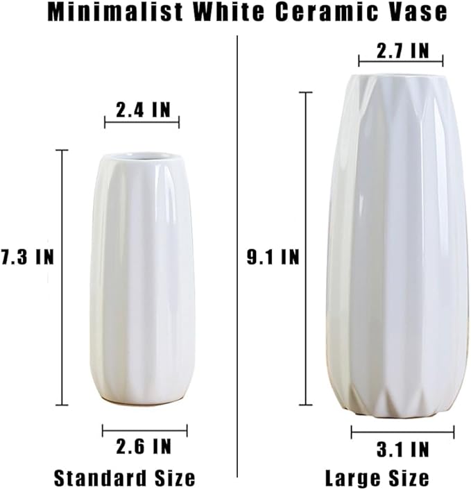 White Ceramic Vase 7.3 Inch - Glossy Minimalist Nordic Flower Vase for Home Decor, Perfect for Dried/Fresh Flowers, Wedding Centerpiece, Housewarming Gift for Christmas, Mother’s Day, Valentine’s Day