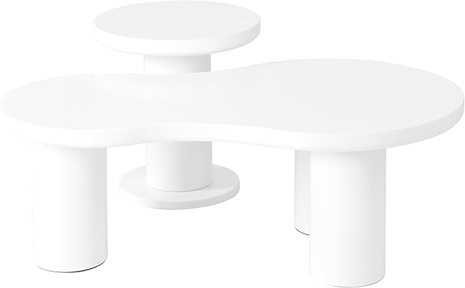 GDFStudio 39.3'' Nesting Coffee Table Set of 2,Cloud-Shaped & Round Side Tables, Minimalist Irregular Center Table with Sturdy Legs for Living Room,Easy Assembly,White