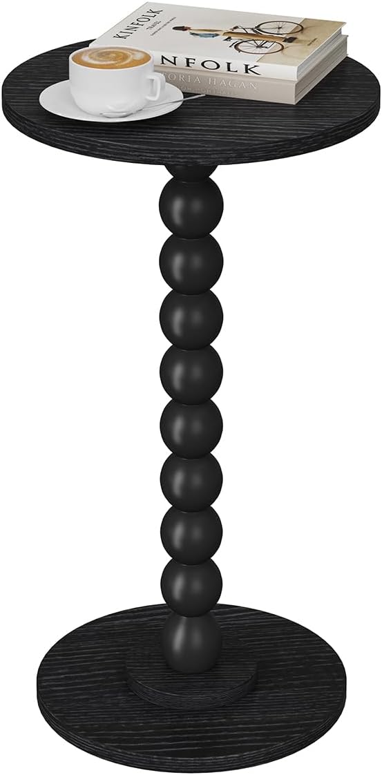 Round Side Table, Small Drink Table for Small Spaces, Pedestal End Table for Living Room, Modern Accent Nightstand with Solid Wood Leg for Bedroom, Corners and Office Black Color UTBT005B