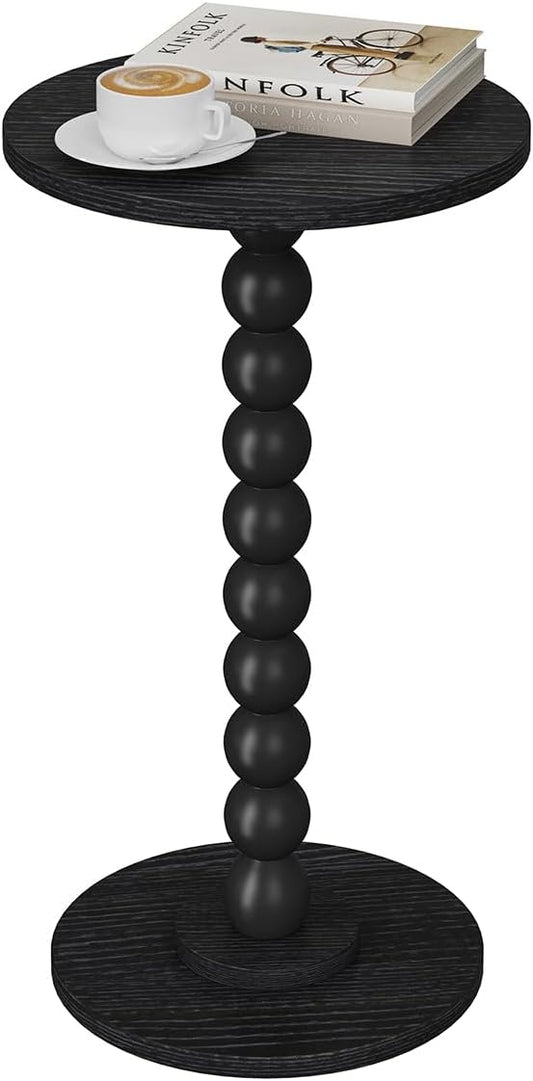 Round Side Table, Small Drink Table for Small Spaces, Pedestal End Table for Living Room, Modern Accent Nightstand with Solid Wood Leg for Bedroom, Corners and Office Black Color UTBT005B