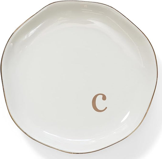 HOME SMILE Initials Ring Holder Jewery Tray with Personalized C-Monogrammed Engagement Wedding Gifts for Friends,Sister,Birthday Christmas Gifts for Women,Ceramic White