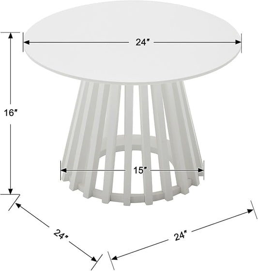 DUOMAY Modern Round Coffee Table with Unique Geometric Base, Sleek White Wood Accent Table for Living Room, Office, Lounge, White