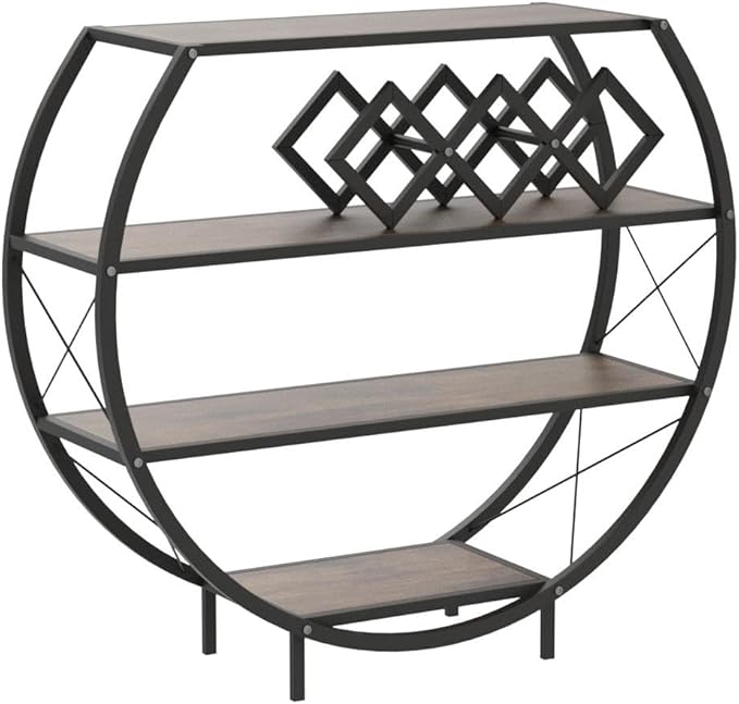 Demilune Console Table Industrial Entryway Table with 4-Tier Open Storage Shelf Wood and Metal Christmas Sofa Table with Wine Rack for Living Room Hallway Display Vintage Rustic Brown