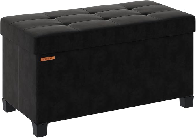 Foldable Storage Ottoman Bench, Velvet Footrest and Seat Cube with Feet, Storage Chest, for Living Room, Bedroom and Office, 15 x 30 x 15.7 Inches, Ink Black,ASND23B