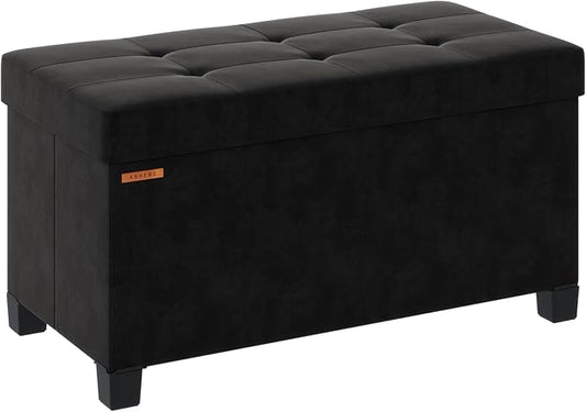 Foldable Storage Ottoman Bench, Velvet Footrest and Seat Cube with Feet, Storage Chest, for Living Room, Bedroom and Office, 15 x 30 x 15.7 Inches, Ink Black,ASND23B