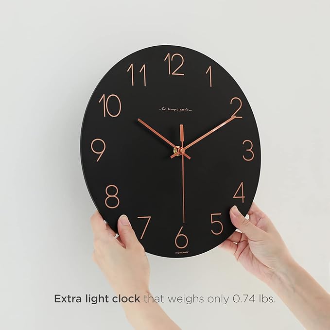 mooas Flatwood Black Wall Clock,12" Non-Ticking Sweep Movement Decorative Modern Battery Operated Decorative Wall Clock for Home Living Room Kitchen Bedroom Office School Cafe Hotel (Black)