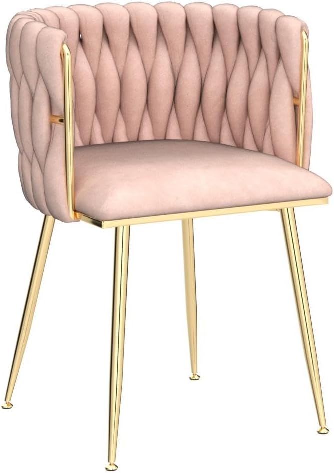 NIOIIKIT Modern Velvet Dining Chairs Hand Weaving Accent Chairs Living Room Chairs Upholstered Side Chair with Golden Metal Legs for Dining Room Kitchen Vanity Living Room (Pink)