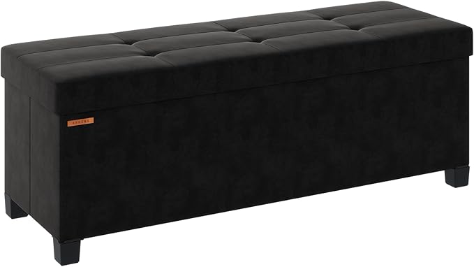 Foldable Storage Ottoman Bench, Velvet Footrest and Seat Cube with Feet, Storage Chest, for Living Room, Bedroom and Office, 15 x 43 x 15.7 Inches, Ink Black, UASND24B