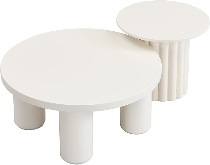 Modern Coffee Table Set of 2, Round Center Table with Roman Column Legs,Space-Saving Stackable Design,Matching End Tables for Living Room, Industrial & Functional, Easy Assembly,White