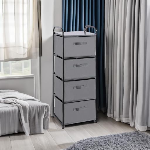 MAX Houser 4 Drawer Fabric Dresser Tall Storage Tower, Dresser Chest with Wood Top, Vertical Nightstand Side Organizer Unit with Metal Frame for Closets Bedroom Nursery Room Hallway(Leaden)