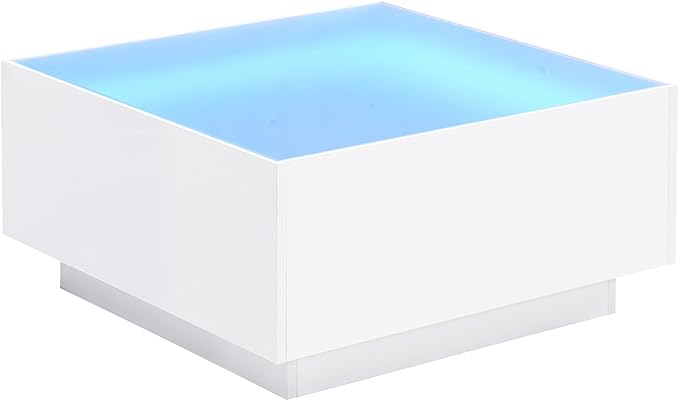 Modern White LED Coffee Table with 5mm Frosted Tempered Glass Top, High Gloss Finish, 16-Color App-Controlled Lights, Sturdy MDF Base, Easy Assembly, 27.56"x27.56"x13.78"