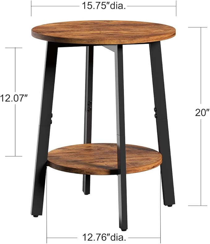 Side Table, Small Round End Table with Storage Shelf for Small Space, 2-Tier Bedside Table Sofa Couch Table, Round Accent Table Nighstands for Living Room, Bedroom, Rustic Brown