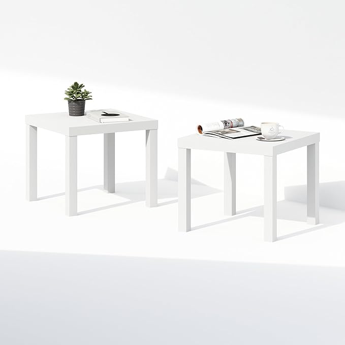 Furinno Classic Coffee Table Set of 2, Square Modern Coffee Table with 1.8" Thick Tabletop, Side Table with 4 Legs, for Living Room, Bedroom, Home Office, White