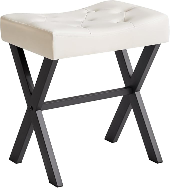 IBUYKE U-Shaped PU Vanity Stool, Square Makeup Chair with X-Leg, Ottoman Seat Footrest Stool, Multi-Use as Small Side Table, for Bedroom, Living Room, White WBD019W