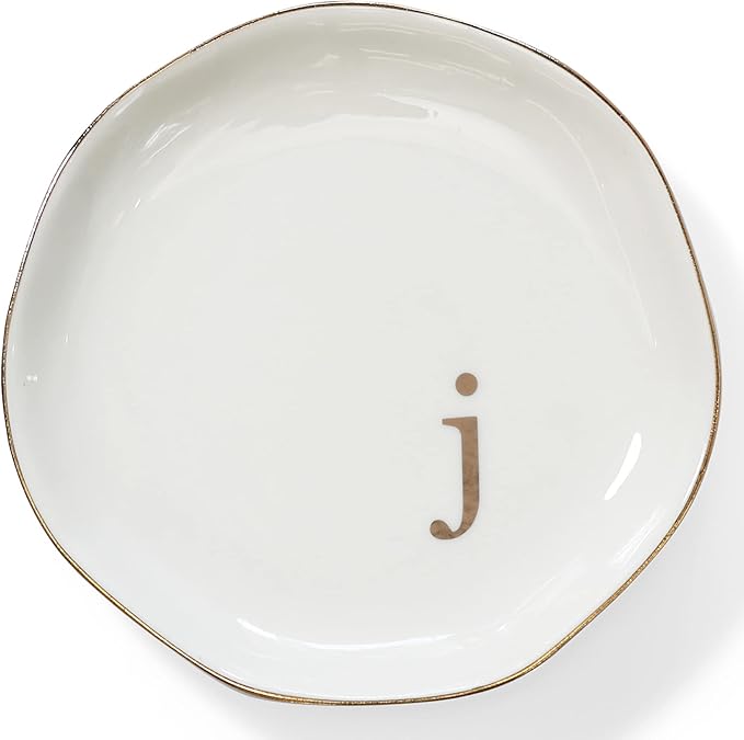 HOME SMILE Initials Ring Dish Jewery Tray with Personalized J-Monogrammed Engagement Wedding Gifts for Friends,Sister,Birthday Christmas Gifts for Women,Ceramic White