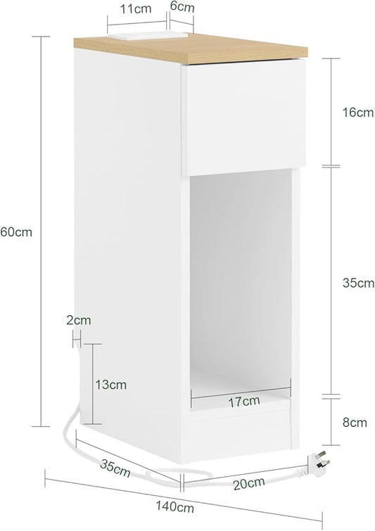SoBuy Narrow Nightstand Set of 2 with Charging Station, Slim White Bedside Tables with USB & Type-C Ports, Drawer and Shelf, Modern Side Tables for Bedroom, Living Room or Dorm, FBT111-E-WNx2