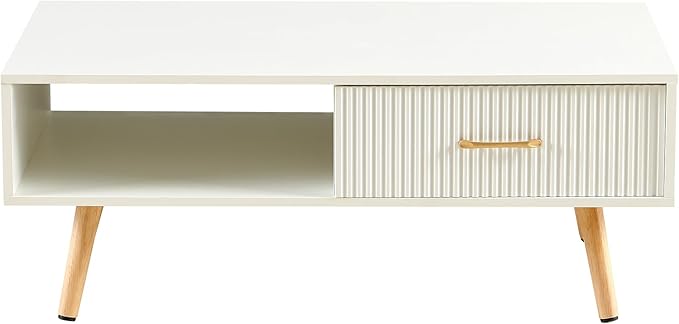 IANIYA Boho Coffee Table with Storage, Dining Table with Rattan Drawer and Solid Wood Legs, Small Center Tables for Living Room Small Space(All White)