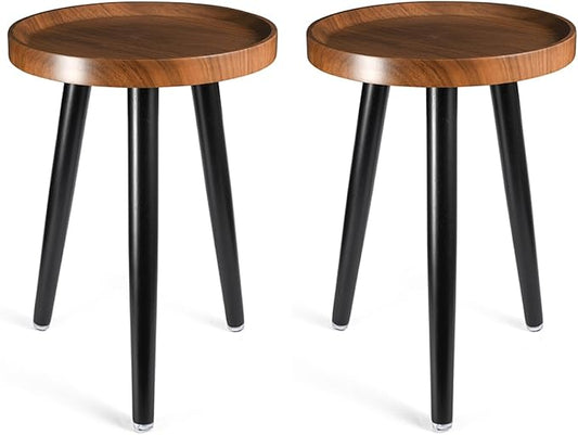 Indoor Plant Stand,Wood Mid Century Plant Table in Walnut Finish,Tall Plant Stand for Flower Pot,Modern Round Small Side End Table with Raised Design (Walnut, 12"x18" 2 Pack)