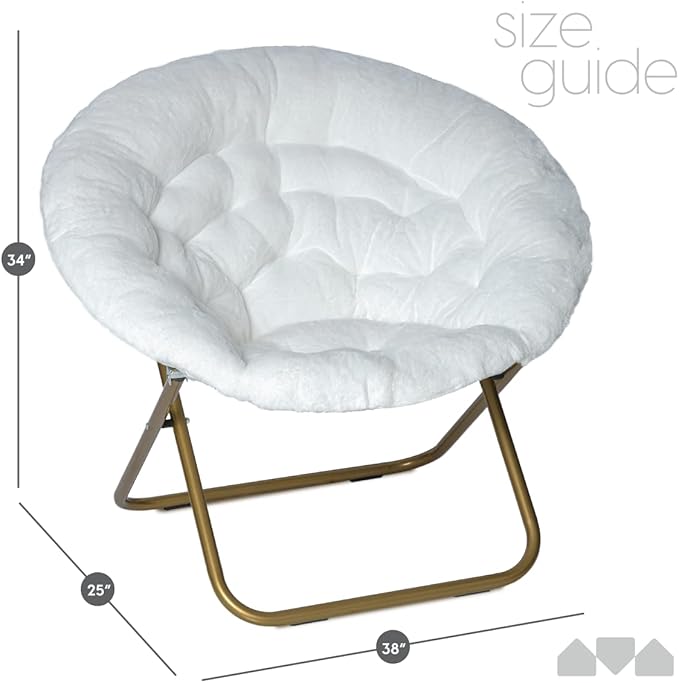 Milliard Saucer Chair For Adults, Teens & Kids, White, Faux Fur XL Circle Chair for Bedroom, Dorm & Gaming, Foldable Comfy Accent Seat for Small Spaces, Folding Moon / Mushroom / Round Oversized Style
