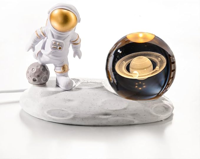 3D Astronaut Crystal Ball Night Light, 3D Inner Carved Crystal Ball Night Lamp, Glowing Crystal Ball with LED Light Base, Color Changing Light & Kids Birthday Gift (Gold, Saturn)