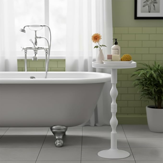 Small Round Drink Table,Pedestal Tables,Small Round Side Table for Narrow Spaces,End Table for Living Room, Bedroom, Bathroom,Balcony (White)