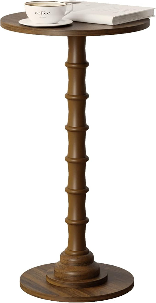 Round Side Table, Modern Drink Table for Small Spaces, Slim End Table with Solid Wood Leg for Living Room, Bedroom, Corners, and Office (Walnut Brown)