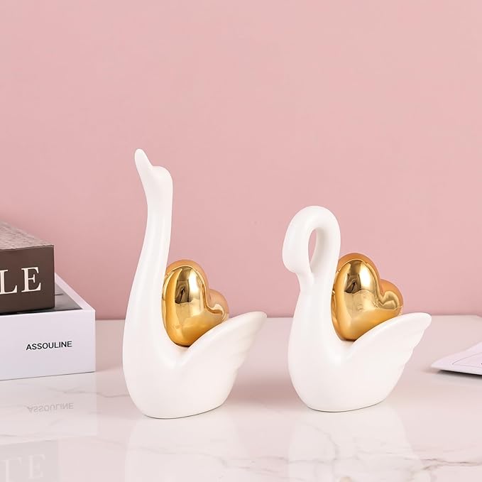 Loving Swan Figurine with Gold Heart Statue, Ceramic Animal Regalos Para Parejas, Cute Figurines Pottery Gifts for Anniversary, Couple Swan Sculpture for Women Dresser Knick Knacks Shelves Show Pieces