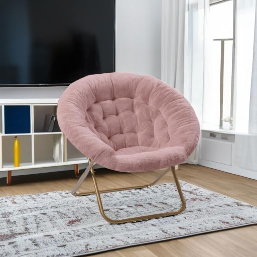 Milliard Saucer Chair For Adults, Teens & Kids, Pink, Faux Fur XL Circle Chair for Bedroom, Dorm & Gaming, Foldable Comfy Accent Seat for Small Spaces, Folding Moon / Mushroom / Round Oversized Style