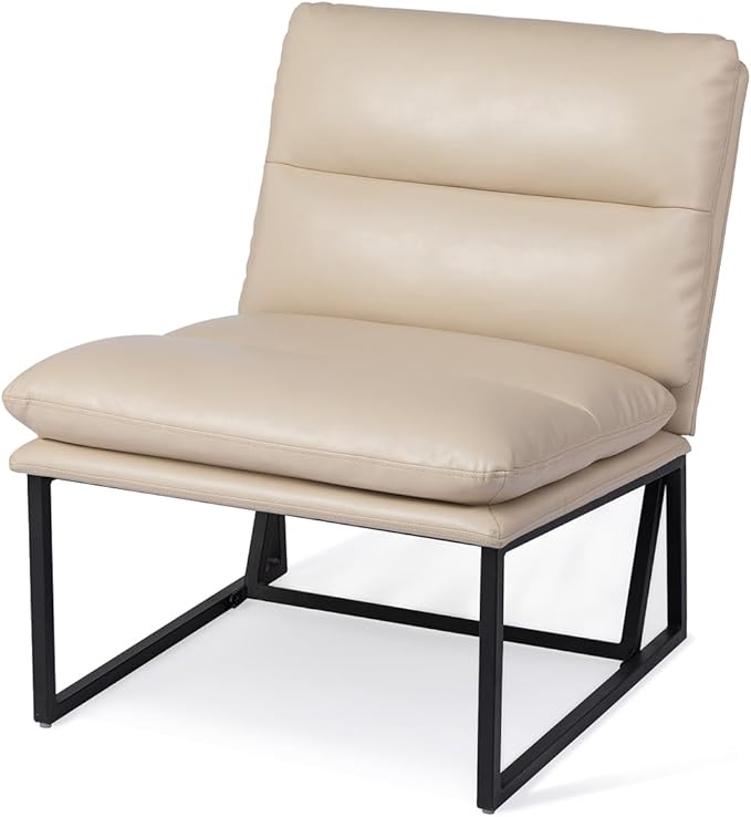 Glitzhome Mid Century Modern Accent Chairs, Set of 2 Beige Thick Leatherette Leisure Chairs with Metal Frame, Upholstered Chairs for Living Room, Bedroom, Home Office