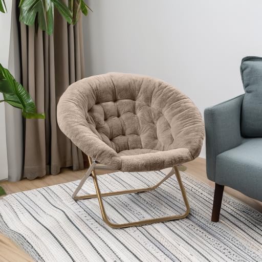 Milliard Saucer Chair For Adults, Teens & Kids, Beige, Faux Fur XL Circle Chair for Bedroom, Dorm & Gaming, Foldable Comfy Accent Seat for Small Spaces, Folding Moon / Mushroom / Round Oversized Style