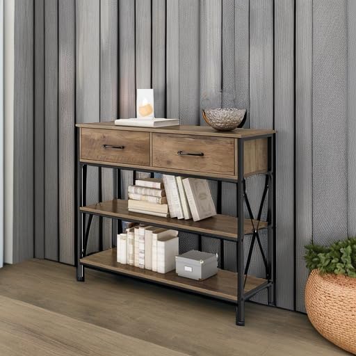 HITHOS Industrial Console Table with Drawers, Vintage Hallway Foyer Table with Storage Shelves, Narrow Long Sofa Entryway Table for Living Room, Rustic Brown