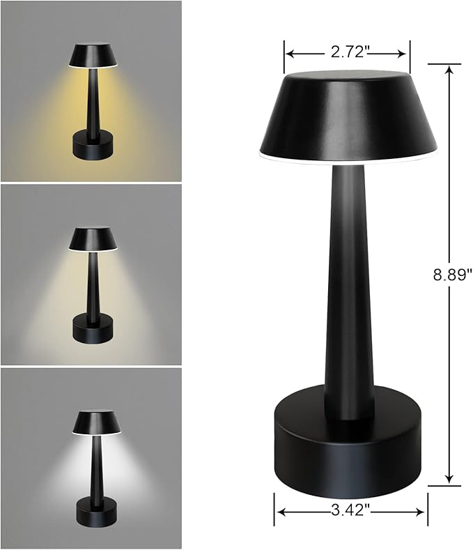 UMEXUS 2 Pack Rechargeable Small Cordless Table Lamp, LED Battery Operated Touch 3 Color Dimming Bedside Nightstand Desk Lamps Metal Portable Night Lights for Bedroom Bar Restaurant Outdoor Black