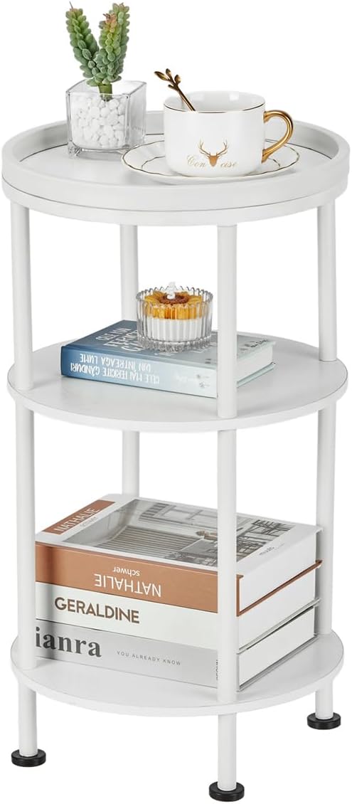 Small White Side Table, Round End Table with Wood Grain Texture, 3-Tier Farmhouse Nightstand for Bedroom & Living Room, 21.7" H Cute Accent Table for Nursery, Bathroom, Small Spaces (Classic, White)