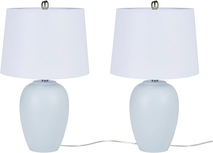 Nourison 23" Coastal Blue Ceramic Pot Table Lamp for Bedroom, Living Room, Dining Room, Entryway, with White Shade, Set of 2 Lamps