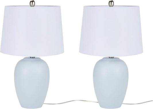 Nourison 23" Coastal Blue Ceramic Pot Table Lamp for Bedroom, Living Room, Dining Room, Entryway, with White Shade, Set of 2 Lamps