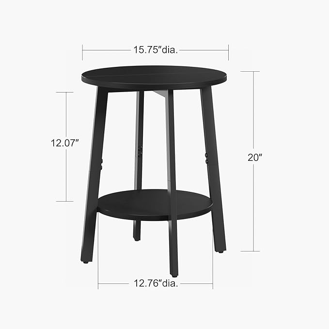 Side Table, Small Round End Table with Storage Shelf for Small Space, 2-Tier Black Bedside Table Sofa Couch Table, Round Accent Table Nighstands for Living Room, Bedroom, Black