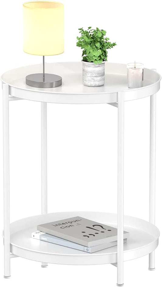EKNITEY 2 Tier End Table - Metal Side Table Waterproof Small Sofa Coffee Side Tables Bedroom Indoor Outdoor with Removable Tray for Living Room Bedroom Balcony and Office (White)