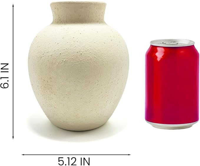 Boho Farmhouse Terracotta Vase Handcrafted Ceramic Sand White Rustic Flower Vase Vintage Pot for Home and Hotel Decor, Table, Living Room, Bathroom, Shelf, Mantel Decoration, Wedding