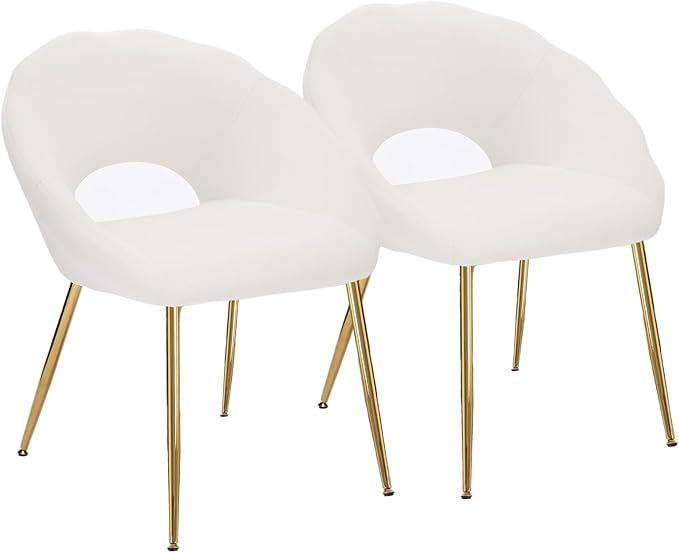 Modern Small Accent Chair Set of 2, Comfy Velvet Vanity Chair with Shell Back & Golden Metal Legs, Decorative Chair no Wheels for Living Room, Makeup Room, Bedroom, Beige