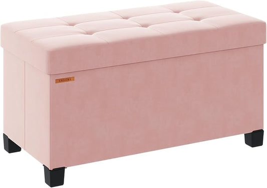 Foldable Storage Ottoman Bench, Velvet Footrest and Seat Cube with Feet, Storage Chest, for Living Room, Bedroom and Office, 15 x 30 x 15.7 Inches, Jelly Pink, ASND23P