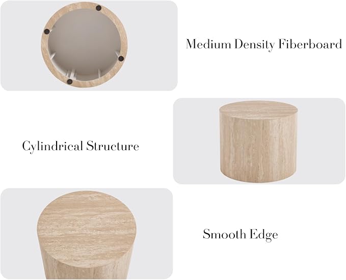 EALSON Nesting Coffee Table Set of 2 Modern Round Wood Coffee Table Circle Fluted End Tables Accent Tables for Small Space/Living Room/Bedroom, Travertine