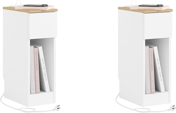 SoBuy Narrow Nightstand Set of 2 with Charging Station, Slim White Bedside Tables with USB & Type-C Ports, Drawer and Shelf, Modern Side Tables for Bedroom, Living Room or Dorm, FBT111-E-WNx2