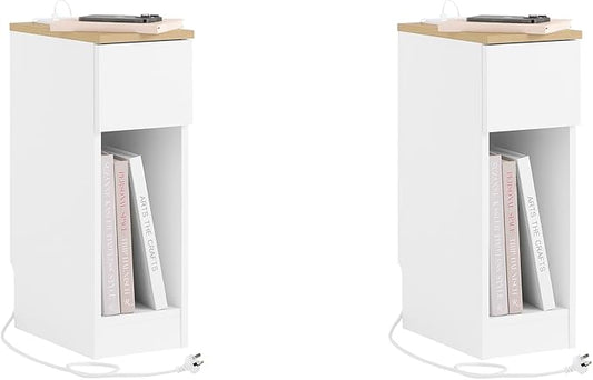 SoBuy Narrow Nightstand Set of 2 with Charging Station, Slim White Bedside Tables with USB & Type-C Ports, Drawer and Shelf, Modern Side Tables for Bedroom, Living Room or Dorm, FBT111-E-WNx2