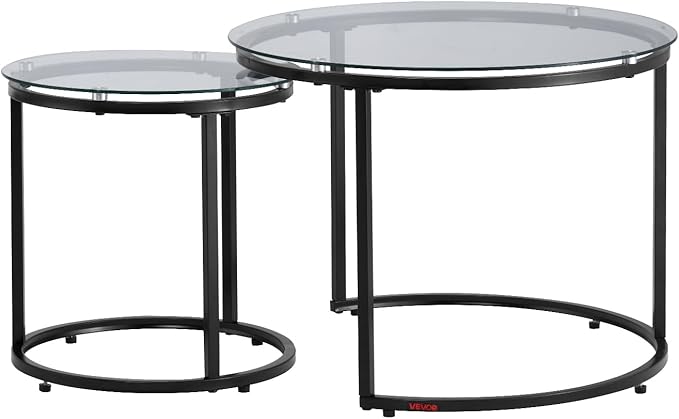 VEVOR Nesting Tables, Glass Coffee Table Set of 2, 23.6 inch Round Coffee Table, Small Coffee Tables Night Stand with Metal Frame, for Living Room, Bedroom, Office