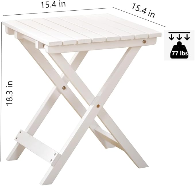 Small Side Table Square Folding, Patio Foldable Wooden End Table for Outdoor Indoor Porch Camping Living Room Bedroom, as Coffee Table or Plant Stand, White